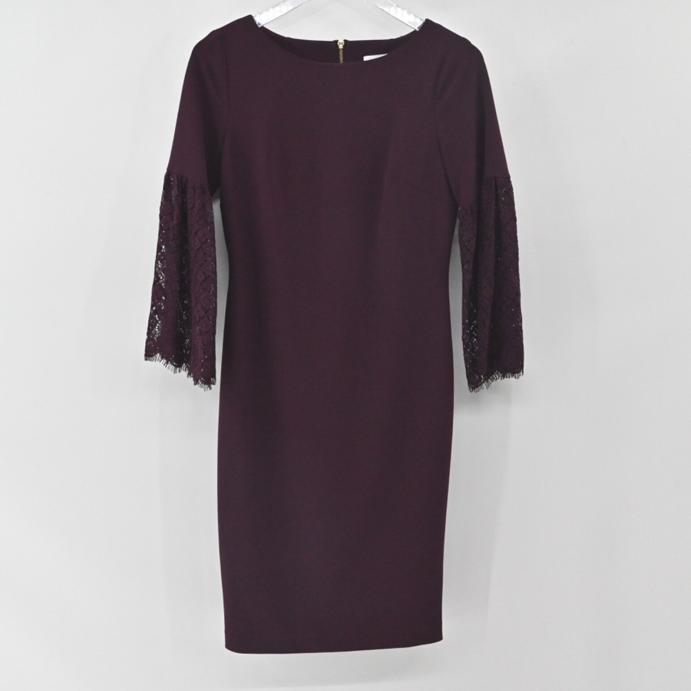 Calvin Klein Burgundy Sheath Dress Size 4 Lace Bell Sleeve Sheath Moody Romantic - Picture 2 of 14